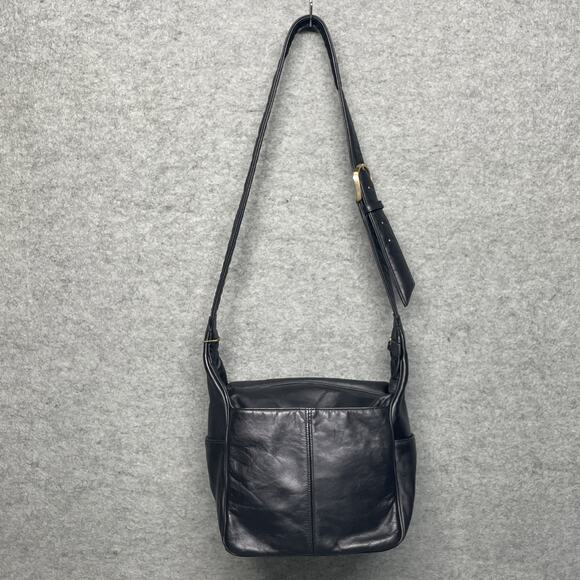 Vintage SAS Black Leather Crossbody Shoulder Bag Purse Made in USA Gold Hardware - Picture 2 of 11